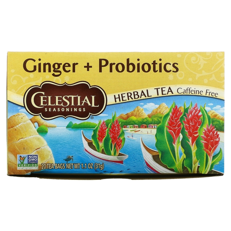 Celestial Seasonings, Травяной чай, имбирь + пробиотики, без кофеина, 20 чайных пакетиков, 1,1 унции (31 г)