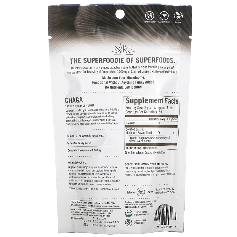 OM Organic Mushroom Nutrition, Chaga, Certified 100% Organic Mushroom Powder, 3.5 oz (100 g)