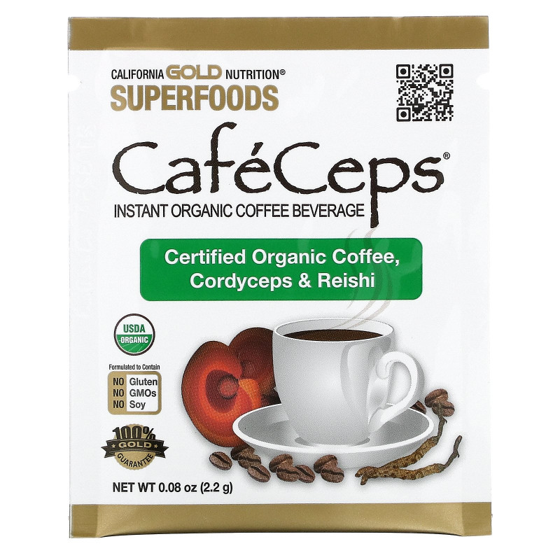 California Gold Nutrition, CafeCeps, сертифицированный органический растворимый кофе с кордицепсом и порошком грибов рейши, 30 пакетов, по 2,2 г каждый